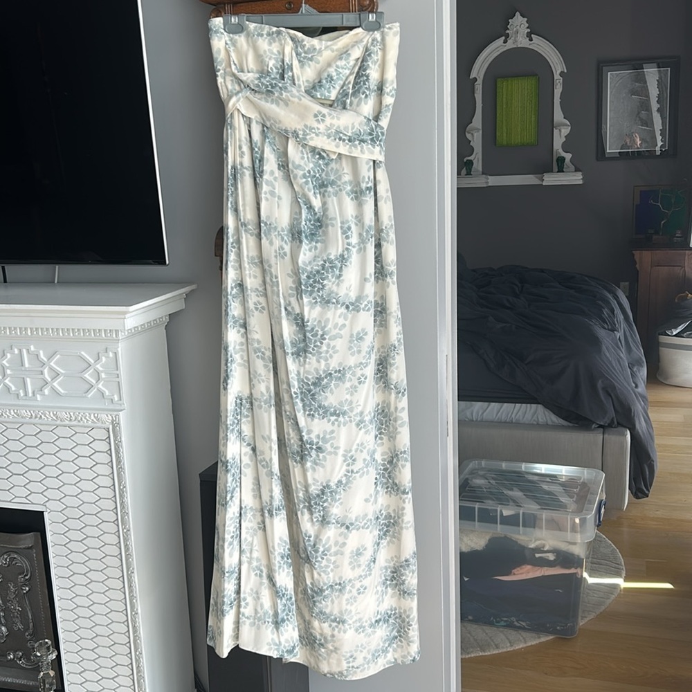 VANESSA BRUNO Women's Blue & White Floral Strapless Tie Waist Maxi Dress Size 38